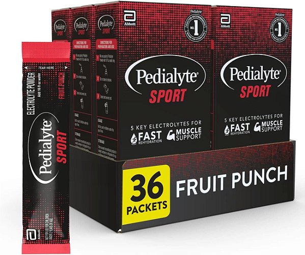 Pó eletrólito Pedialyte Sport, hidratação rápida com 5 eletrólitos essenciais para suporte muscular antes, durante e depois do exercício, sabor ponche de frutas, pacotes de 0,49 onças (36 unidades