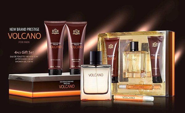 Prestige Volcano da New Brand para Homens - Conjunto de Presente com 4 Peças 3.3oz Spray EDT, Gel de Banho 4.3oz, Loção Pós-Barba 4.3oz, 0.5oz Spray EDT