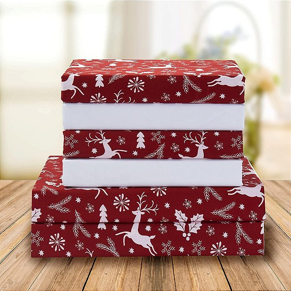 Conjunto de lençóis 4 peças com estampa natalina de conforto elegante, 1500 fios, material respirável e super macio, resistente a rugas, lençóis ajustados com bolsos inteligentes, 4 peças