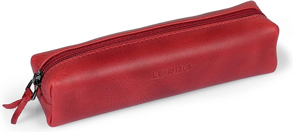 Estojo em Couro Legítimo com Zíper para Canetas, Lápis e Cosméticos (Vermelho)