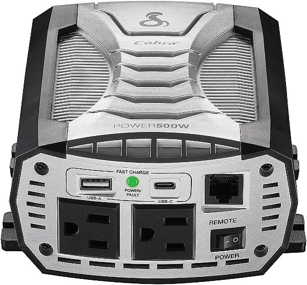 Inversor de Energia Cobra Power 500W, Portátil - Carregador de Carro 500-Watt, 2 Tomadas AC Aterradas, 2 Portas USB de Carga Rápida e Controle Remoto (CPIALCDG1