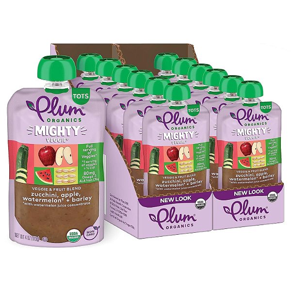 Purês Orgânicos Plum | Mistura Poderosa de Vegetais | Refeições Orgânicas para Bebês [12+ Meses] | Abobrinha, Maçã, Melancia & Cevada | Pacote de 4 Onças (Pac