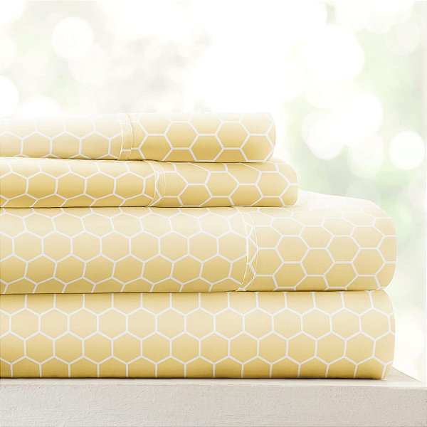 Conjunto de lençóis para cama de casal Linen Market 4 Peças (Amarelo Geométrico) - Durma Melhor do que Nunca com Estes Lençóis de Cama Ultramacios e Refrescantes para S