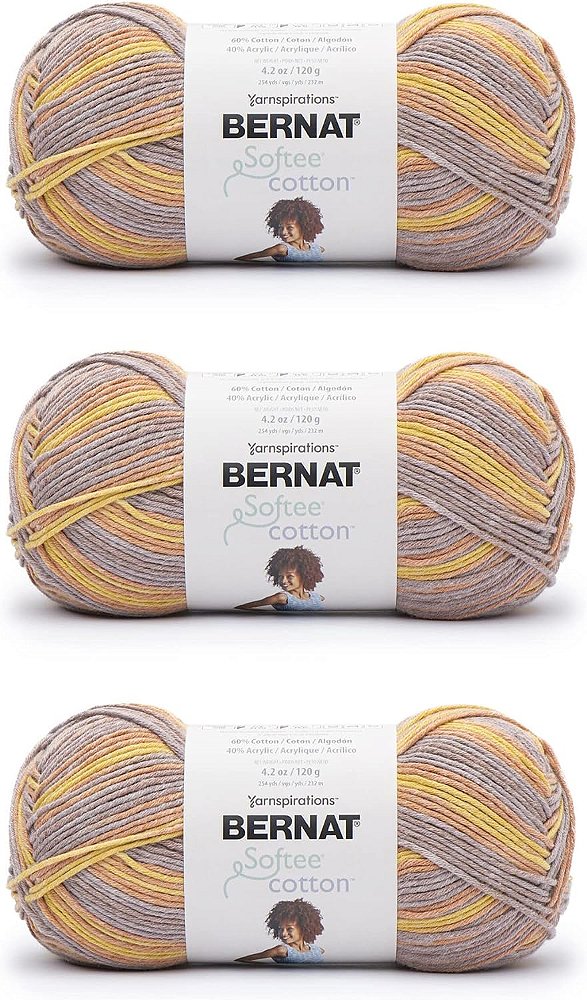 Fio Bernat Softee Cotton Golden Haze - 3 Pacotes de 120g/4.25oz - Algodão - 3 DK (Leve) - 254 jardas - Tricô, Crochê & Artesanato
