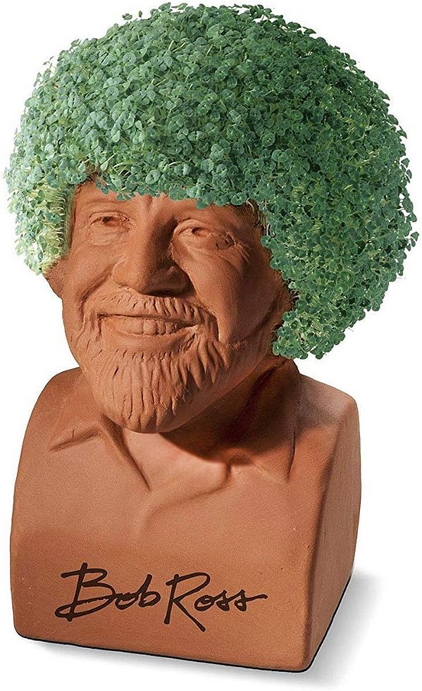 Chia Pet Bob Ross com Pacote de Sementes, Vaso de Cerâmica Decorativo, Fácil de Fazer e Divertido de Cultivar, Presente Novidade, Perfeito para Qualquer Ocasião.