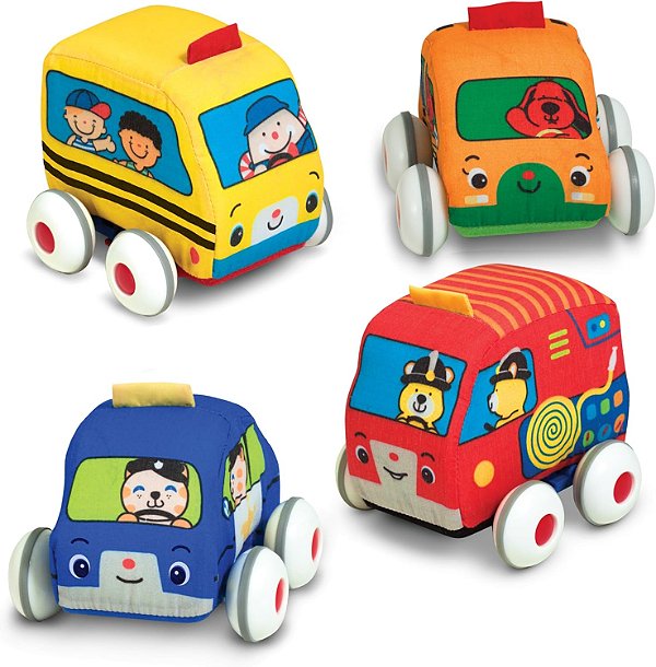 Conjunto de Veículos de Retorno Automático Melissa & Doug K's Kids - Conjunto de Brinquedos Macios para Bebê com 4 Carros e Caminhões e Estojo de Transporte - Carros de Retorno Automático, Brinquedos para