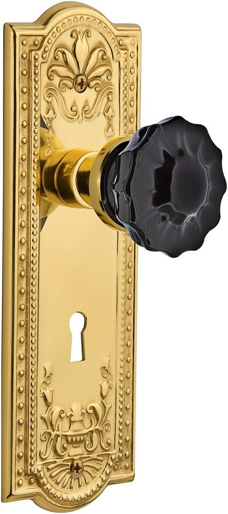 Maçaneta de porta de vidro preto com placa Nostalgic Warehouse 727395 Meadows, em metal latonado sem verniz, com cristal, privacidade 2.375 com fechadura.