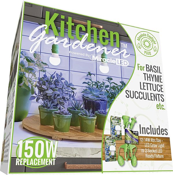 Kit de Lâmpada de Cultivo de LED com 2 Soquetes Miracle LED Kitchen Gardener com Lâmpadas Iniciais de Espectro Azul e Dia Absoluto Mais  Luz para Crescimento e 3' de Fixação