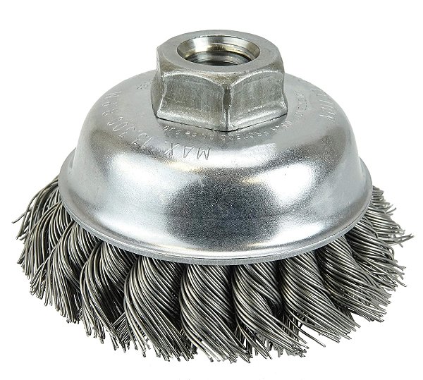 Escova de Copo de Arame de Nó de Única Fileira de 3-1/2 Weiler 13156, .023 de Preenchimento de Aço, Porca 5/8-11 Unc, Fabricada nos EUA