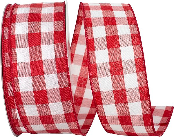 Fita Xadrez com Bordas com Fio Reliant Ribbon 93228W-036-40K, 2-1/2 polegadas X 50 jardas, Branco/vermelho.