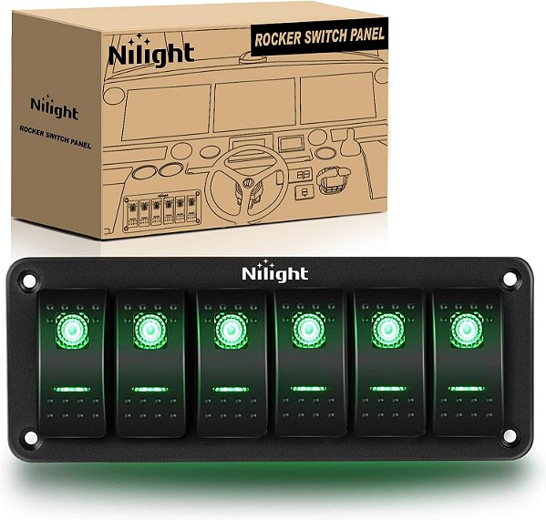 Painel de Interruptores Roçador Nilight 6 Gang 5Pin On Off Toggle Holder de Alumínio 12V 24V Dash Pre-Wired Interruptores com Iluminação Verde para Carros, Barcos, RVs e