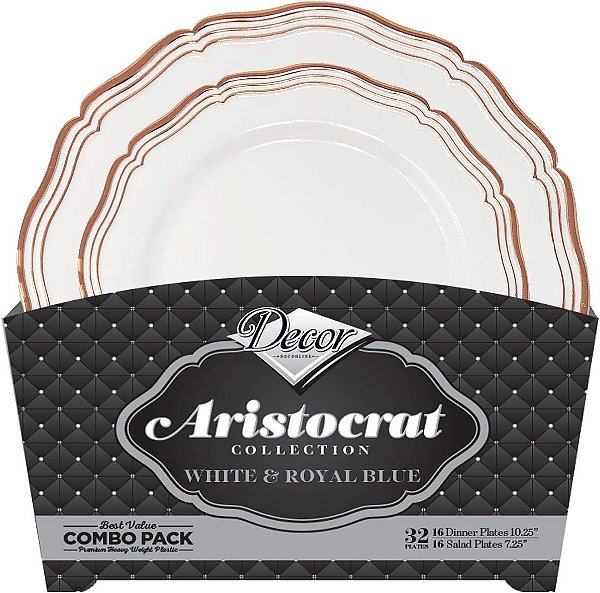 Coleção Elegante Aristocrata de Pratos para Jantar e Salada Branco/Dourado Rosé - 10,25 & 7,5 (Combo de 32 peças) - Qualidade Premium - Ideal para Eventos Especiais e Reuniões