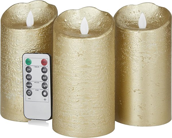 Vela Redonda Sem Chama Deco 79 Com Cera e Controle Remoto, Conjunto de 3 6, 6, 6H, Dourado