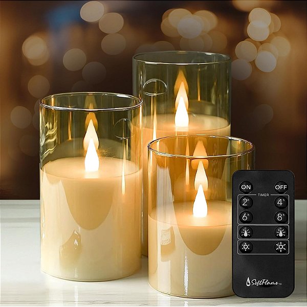 Vela de Vidro Dourado LED Sem Chama com Chama Tremulante Softflame, Conjunto de 3: 3 x 4, 3 x 5, 3 x 6, com Controle Remoto