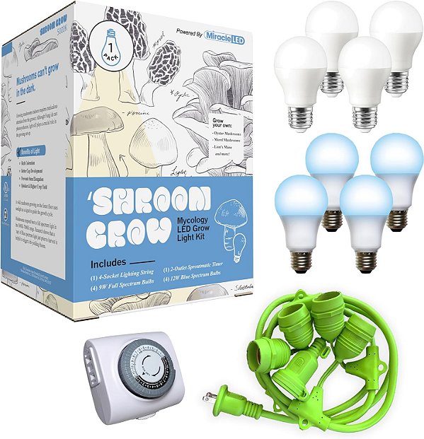 Kit de luz de crescimento interno Miracle LED Shroom para cogumelos ostra, shiitake, etc. - 4 lâmpadas de crescimento LED Full Spectrum Daylight Absolute Daylight & 4 Ultra Grow Blue Spectrum para substituir lâmpadas de