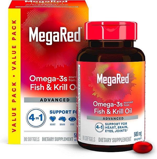 Megared Óleo de Peixe Omega 3 & Óleo de Krill Antártico Cápsulas para Suporte Cerebral, Cardíaco, Articular e Ocular (Frasco com 80 Cápsulas), Suplemento Concentrado de