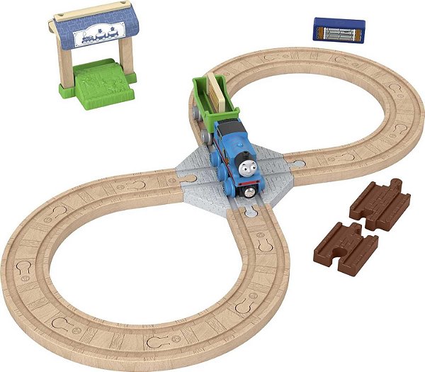 Conjunto de trilhos de madeira para trem de brinquedo Thomas & Friends Figure 8 com locomotiva Thomas de madeira para crianças pré-escolares de 3 anos ou mais.