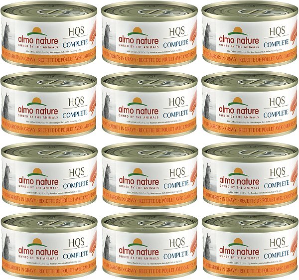 Almo Nature: Pacote de 12 unidades de HQS Complete Cat: Receita de Frango com Cenoura em Molho - 2.47oz Latas, Comida Molhada para Gatos Adultos, Livre de Grãos, Refeição Di