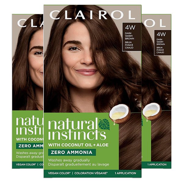 Clairol Natural Instincts Tintura Capilar Demi-Permanente, Cor de Cabelo Marrom Escuro Quente 4W, Pacote com 3