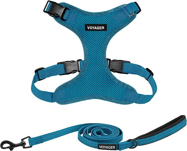Peitoral para Cachorro com Fechamento de Encaixe Voyager com Conjunto Combinado de Coleira Refletiva com Alça de Neoprene de 5 pés - Suporta pequeno, médio e grande porte de filhotes/gatos da ra