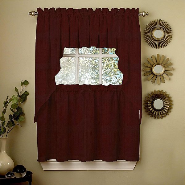 Coleção Sweet Home 5 Peças de Cortina de Cozinha Valance Swag Escolha do Par de 24, Conjunto Tier de 36, Ribcord Wine