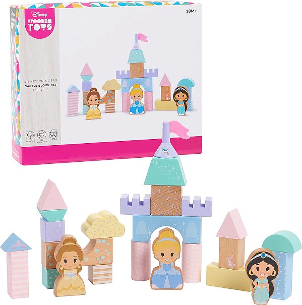 Conjunto de blocos de madeira do Castelo da Princesa da Disney, 25 peças incluem figuras de bloco da Cinderela, Bela e Jasmine, brinquedos licenciados oficialmente para crianças a partir de 18 meses, da Just