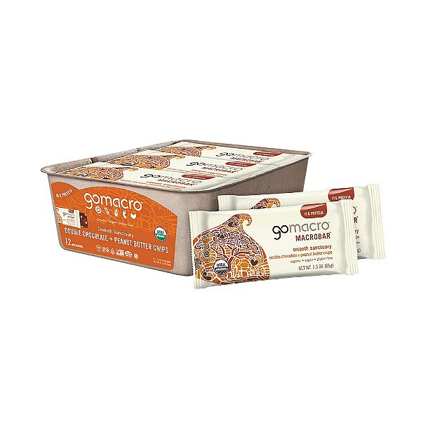 Barras de proteína vegana orgânica GoMacro MacroBar - Chocolate Duplo + Pedacinhos de Manteiga de Amendoim (barras de 2.3 onças, pacote com 12 unidades)
