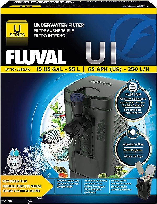 Filtro subaquático Fluval U1 - Projetado para aquários de água doce e salgada, também ideal para terrários e tanques de tartarugas.