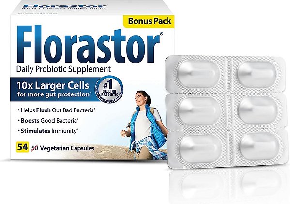 Probióticos Florastor para Saúde Digestiva e Imunológica, 54 Cápsulas, Probióticos para Mulheres e Homens, Ação Dupla Ajuda a Eliminar Bactérias Ruins e Aumenta as Boas com