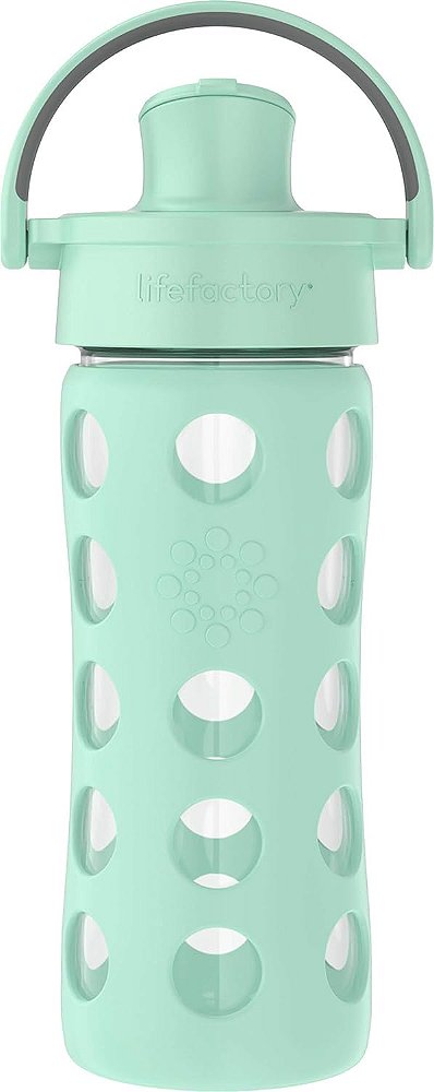 Garrafa de água de vidro Lifefactory de 16 onças com tampa ativa flip e capa protetora de silicone, hortelã.