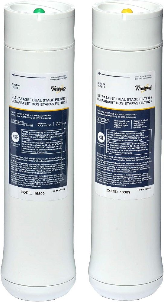Filtros de água de reposição de estágio duplo Whirlpool WHEEDF | Serve nos sistemas de filtragem WHADUS5 & WHED20 | 1 conjunto, pacote com 2, cinza.