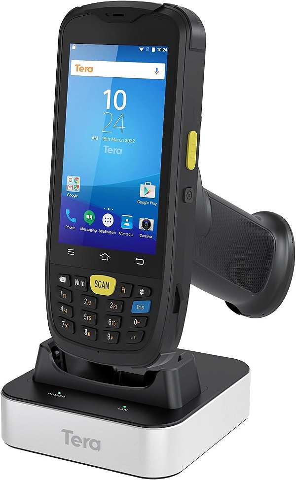 Computador Móvel com Leitor de Código de Barras Android Tera com Base de Carregamento, Empunhadura de Pistola, Scanner 1D 2D QR Zebra, Terminal de Dados PDA Android 10, Resistente IP 65,