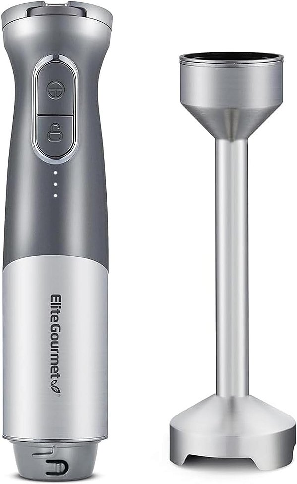 Liquidificador de Mão Recarregável sem Fio Elite Gourmet EHB1300, Velocidade Variável, Aço Inoxidável, Cinza, 16 Onças Líquidas