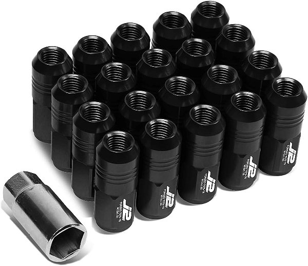Porca de roda de liga de alumínio preto J2 Engineering 7075 M12 x 1,5 20 peças L: 50mm com adaptador de soquete - Ponta fechada