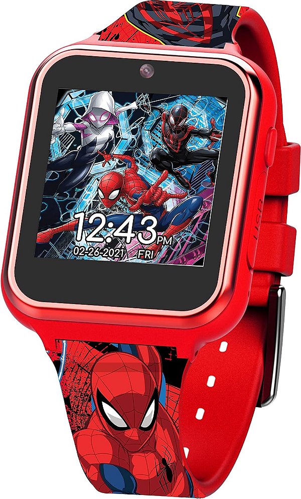Relógio Inteligente Touchscreen Educacional Accutime Kids Marvel Homem-Aranha Vermelho Brinquedo para Meninos, Meninas, Bebês - Câmera Selfie, Jogos de Aprendizado, Alarme, Calculadora, Pedômetro e