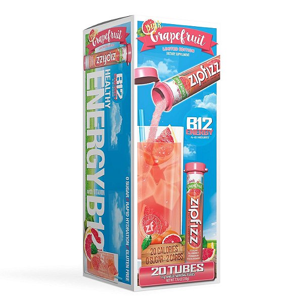 Zipfizz Energético em Pó, Bebida Energética e Hidratante com Eletrólitos, Vitamina B12 e Multi Vitaminas, Toranja Rosa, 20 Unidades (Pacote de 1)