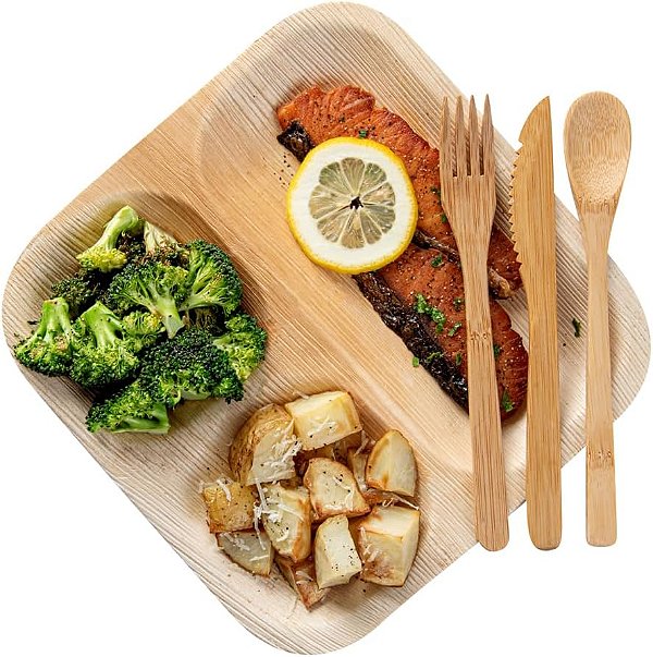 Conjunto de Talheres de Bambu de 8 polegadas - Conjunto de Talheres de Bambu Eco-Friendly Garfo, Colher e Faca: Perfeito para Restaurantes, Eventos de Catering e Food Trucks - Descartável e Com