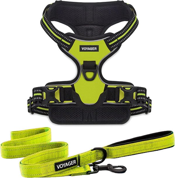 Peitoral para cães Voyager com duplo engate para coleira, controle antipuxão, ajustável, macio mas resistente para cães médios e grandes com tecnologia refletiva 3M - conjunto de peitoral e coleira (verde