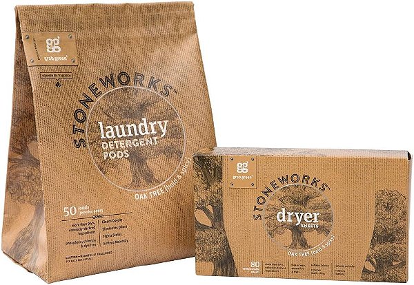 Pacote de Detergente e Lençol para Secar Roupa Grab Green Stoneworks, 50 Detergentes e 80 Lençóis para Secar, Fragrância de Carvalho, Conjunto de Cuidados para Lavanderia à Base