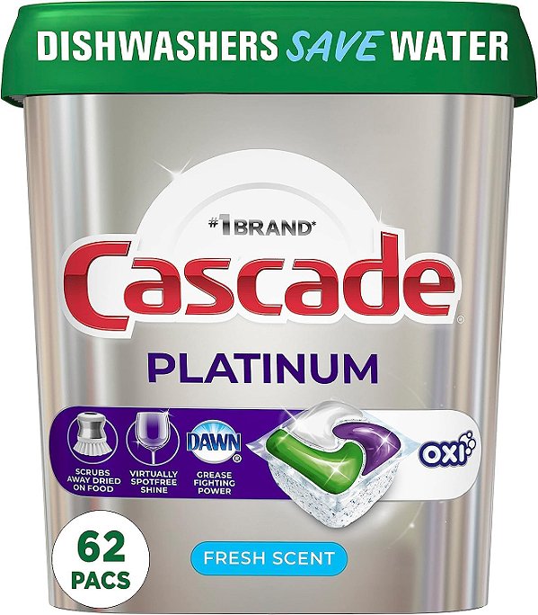 Cápsulas de Sabão para Lava-Louças Cascade Platinum, Actionpacs + Oxi com Ação Limpadora e Desodorizante para Lava-Louças, Fresco, 62 unidades de Cápsulas de Detergente para Lava-L