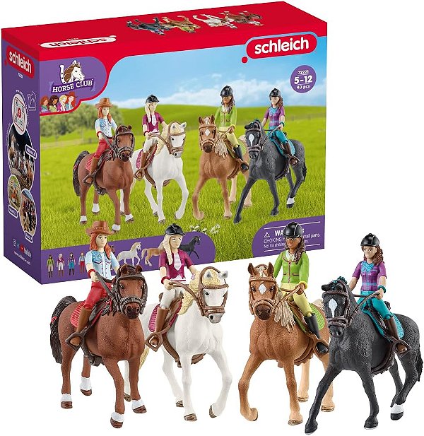 Clube do Cavalo Schleich Aventura 40 peças Conjunto de jogo Presentes de cavalo para meninas e meninos de 5 anos ou mais com 4 meninas cavaleiras, 4 brinquedos de cavalo e acessórios para equita