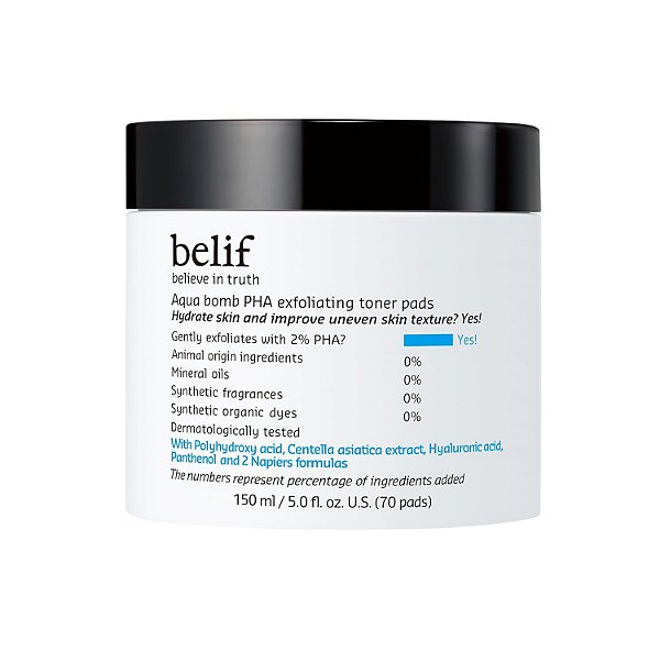 belif Aqua Bomb PHA Exfoliating Toner Pads | Hidratante | Bom para: Ressecamento, Textura Irregular, Poros, Opacidade, Oleosidade | Hidratante | para tipos de pele oleosa, mista e normal