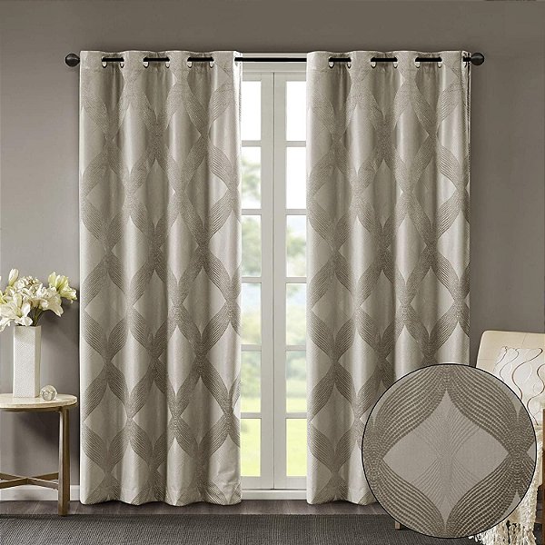 Cortinas Blackout Total Bentley SUN SMART para Janela, Ogee Tricotado Jacquard, Decorativa para Sala de Estar com Ilhós, Isolamento Térmico, Bloqueio de Luz para Quarto e Apartamento 50x84, Bege.