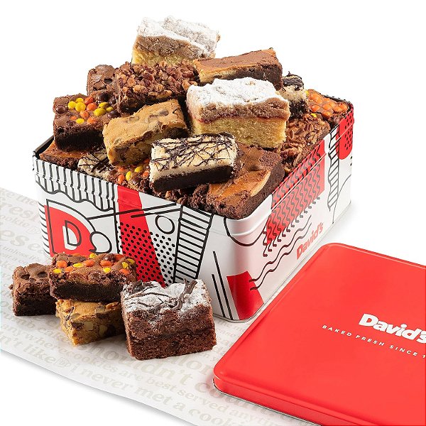 Latas de Presente com Brownies Assortidos e Bolo de Migalhas da David's Cookies 3Lbs - Deliciosos lanches assados, fatias de fudge de chocolate gourmet, cesta de presente de brownies - Presente ideal para o Superbowl