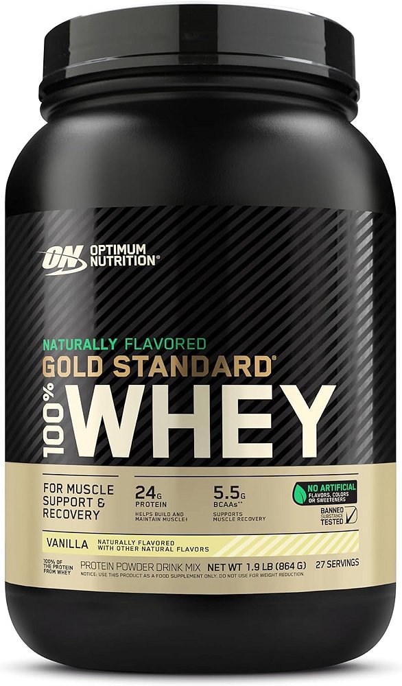 Proteína em pó Gold Standard 100% Whey da Optimum Nutrition, Sabor Baunilha Natural, 1,9 libras (Embalagem pode variar)