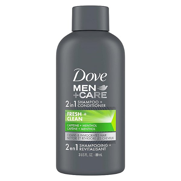 DOVE MEN + CARE Shampoo e Condicionador Fortificante 2 em 1 para Cabelos Normais a Oleosos Fresh and Clean com Cafeína Ajuda a Fortalecer Cabelos Ralos 3 oz (Pacote com 12)