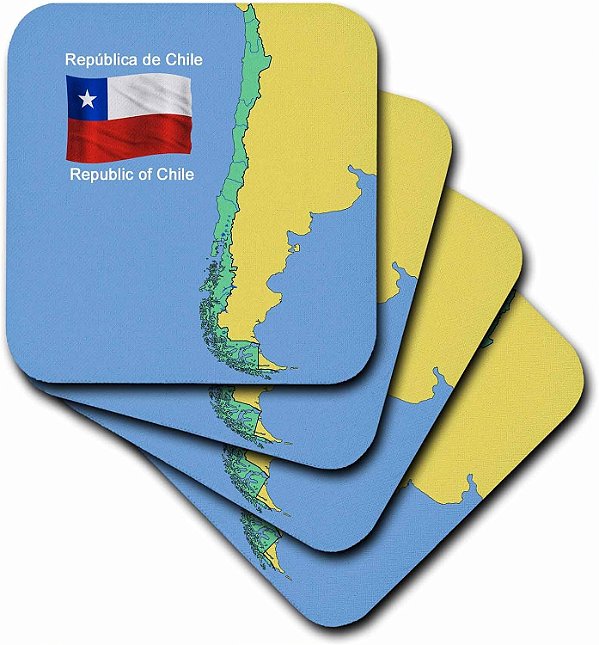 Mapa e Bandeira do Chile com República do Chile impresso em inglês e espanhol Porta-copos de Azulejo de Cerâmica, Conjunto de 8