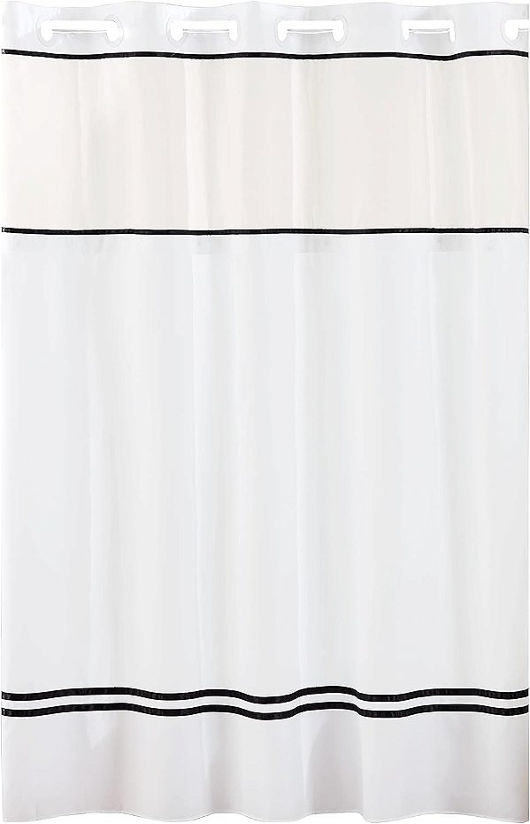 Conjunto de Cortina para Chuveiro 3 em 1 sem Ganchos com Forro Snap-In PEVA e Janela, 71x74 polegadas, Branco/Preto.