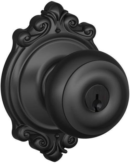 Fechadura de entrada com chave com maçaneta georgiana com detalhe Brookshire, preto fosco SCHLAGE F51A GEO 622 BRK