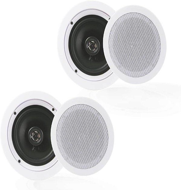 Sistema de alto-falantes domésticos Pyle Pair 5.25” Flush Mount in-Wall in-Ceiling 2-Way Spring Loaded Quick Connections Dual Polypropylene Cone Polymer Tweeter Stereo Sound 150 Watts (PDIC1651RD) Branco
